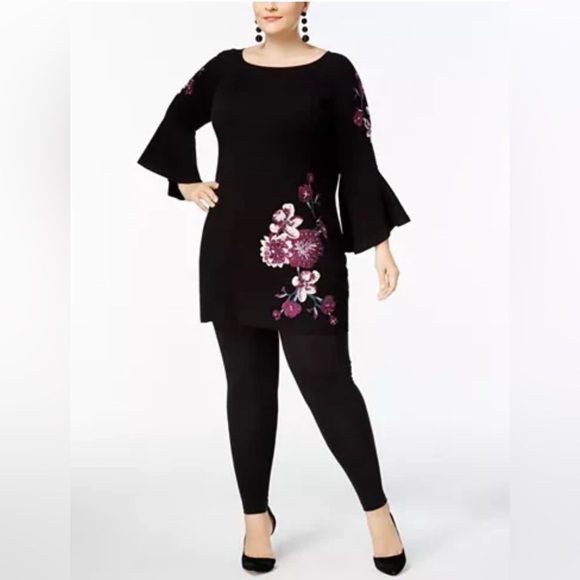 INC International Concepts black bell sleeve beaded floral mini dress NWT - Picture 2 of 11